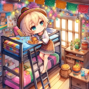 メキシコのガーランドなどが飾ってある部屋に住む少女。